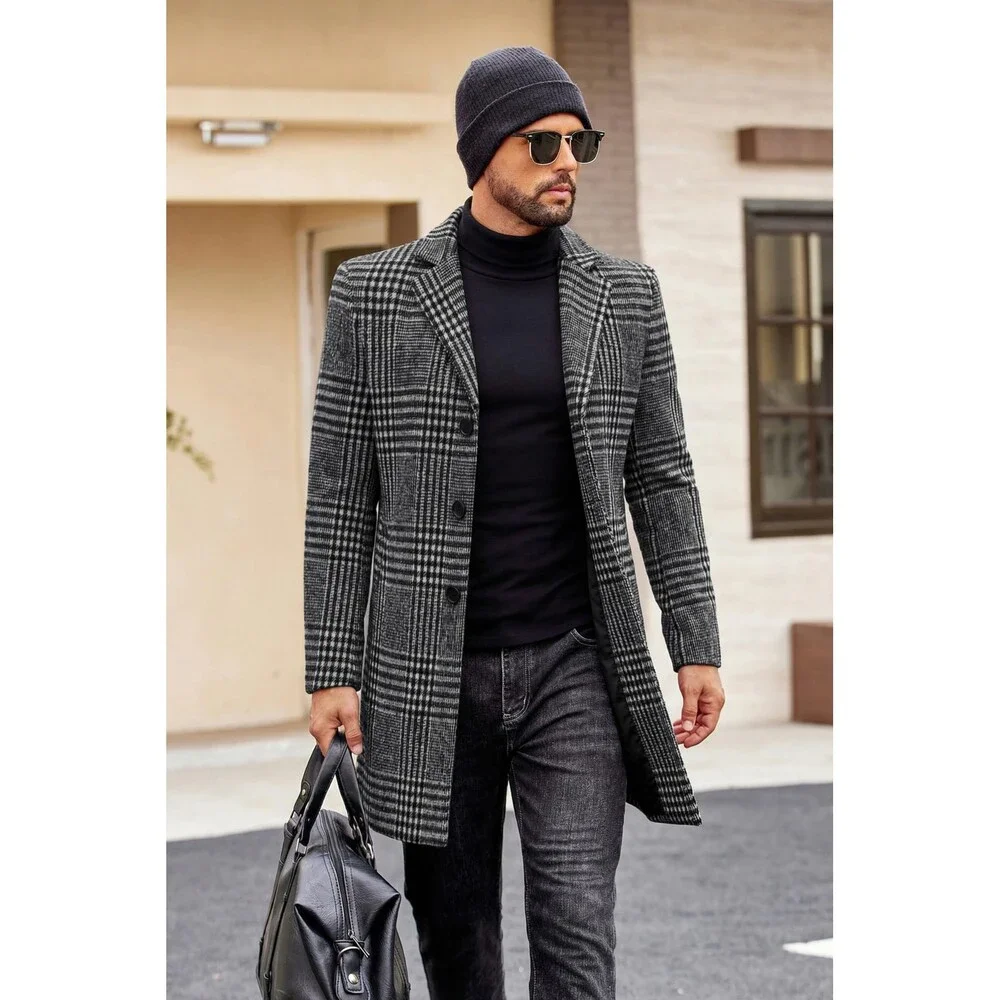 COOFANDY Men's Black Plaid Overcoat Winter Peacoat Men Wool Coats Trench Coat L